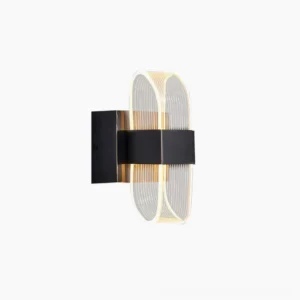 Modern black acrylic wall lamp with three-color LED light - front view on white background