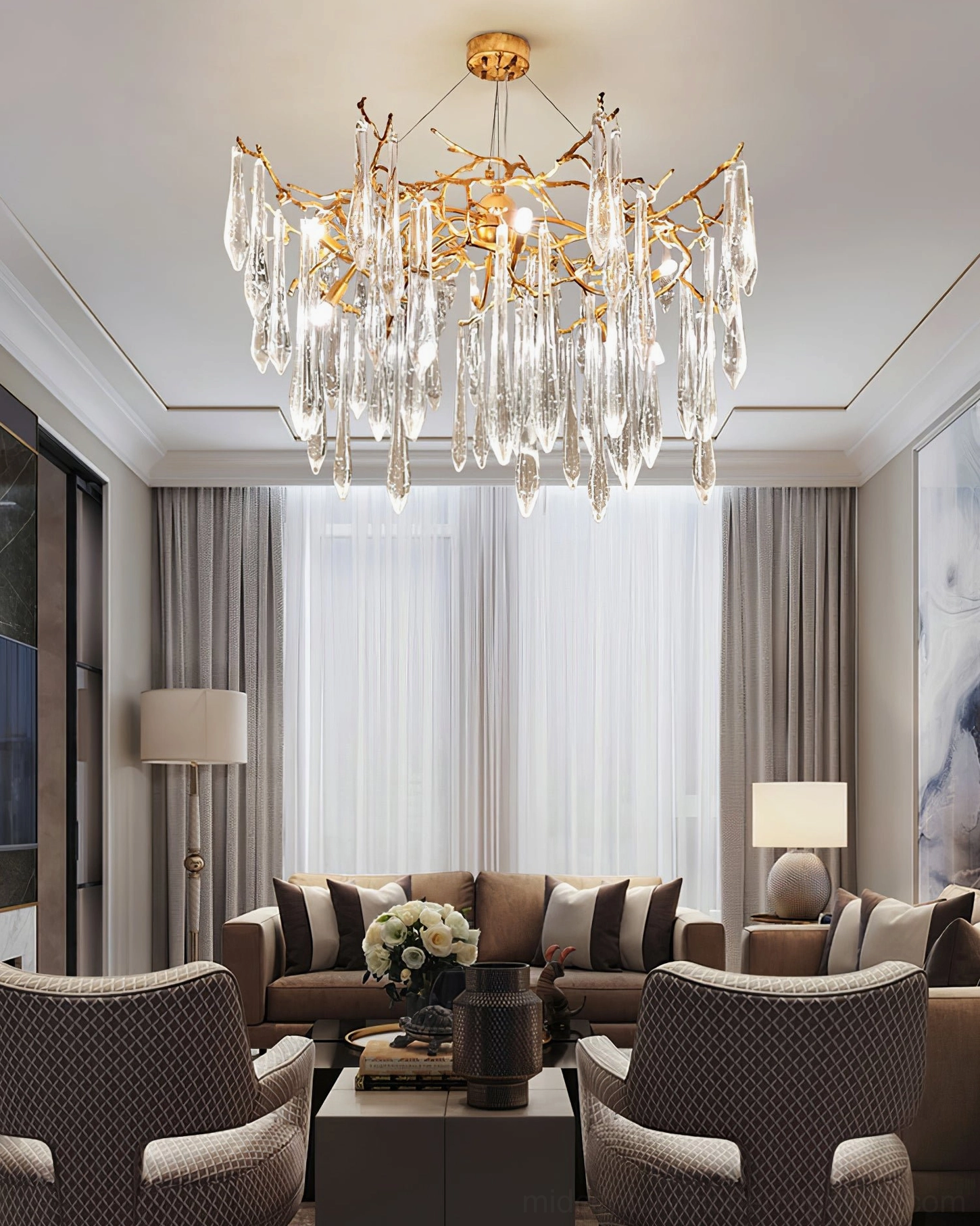 Modern brass chandelier with cascading crystal pendants transitional eclectic interior design