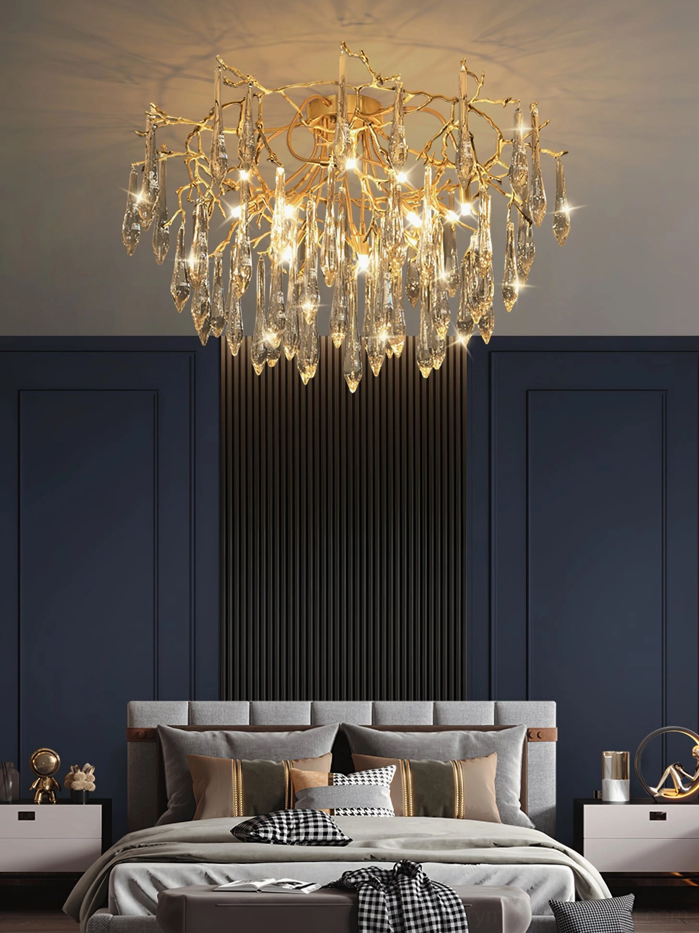 Modern brass ceiling light with crystal pendant drops, installation angle view