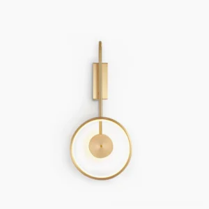 Modern round ring LED wall lamp in polished gold brass finish, front view product display on white background