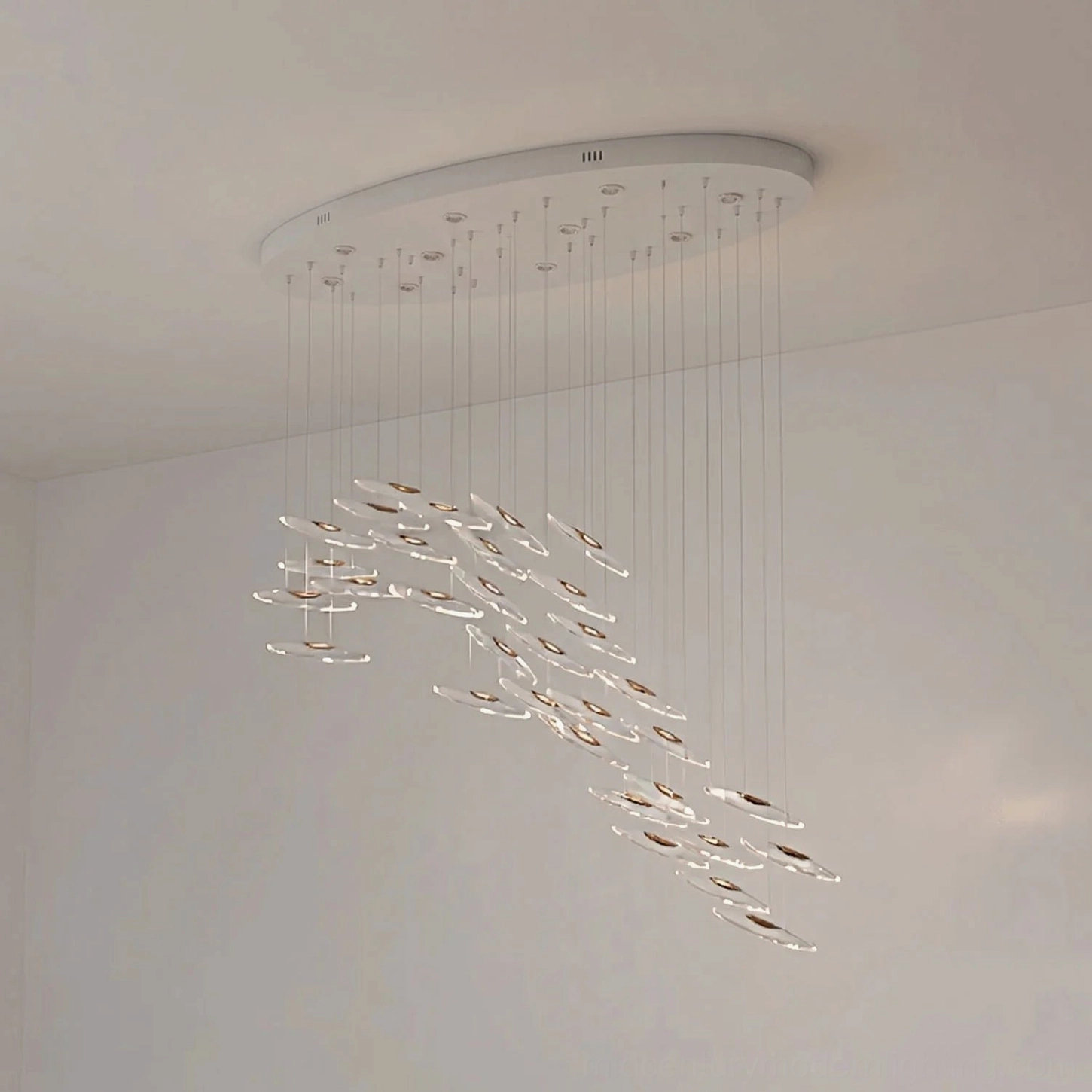 Modern cascading glass chandelier 32 heads configuration in sophisticated interior lighting design