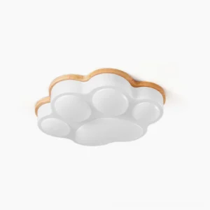 Modern cat paw ceiling lamp with natural wood trim and white acrylic shade, front studio view