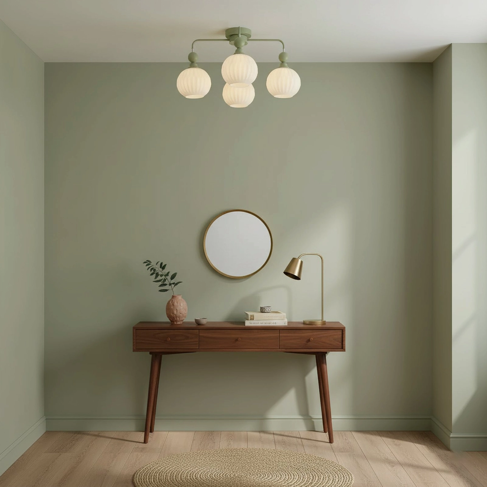 Contemporary ceiling light fixture with sculptural glass shades and metal frame