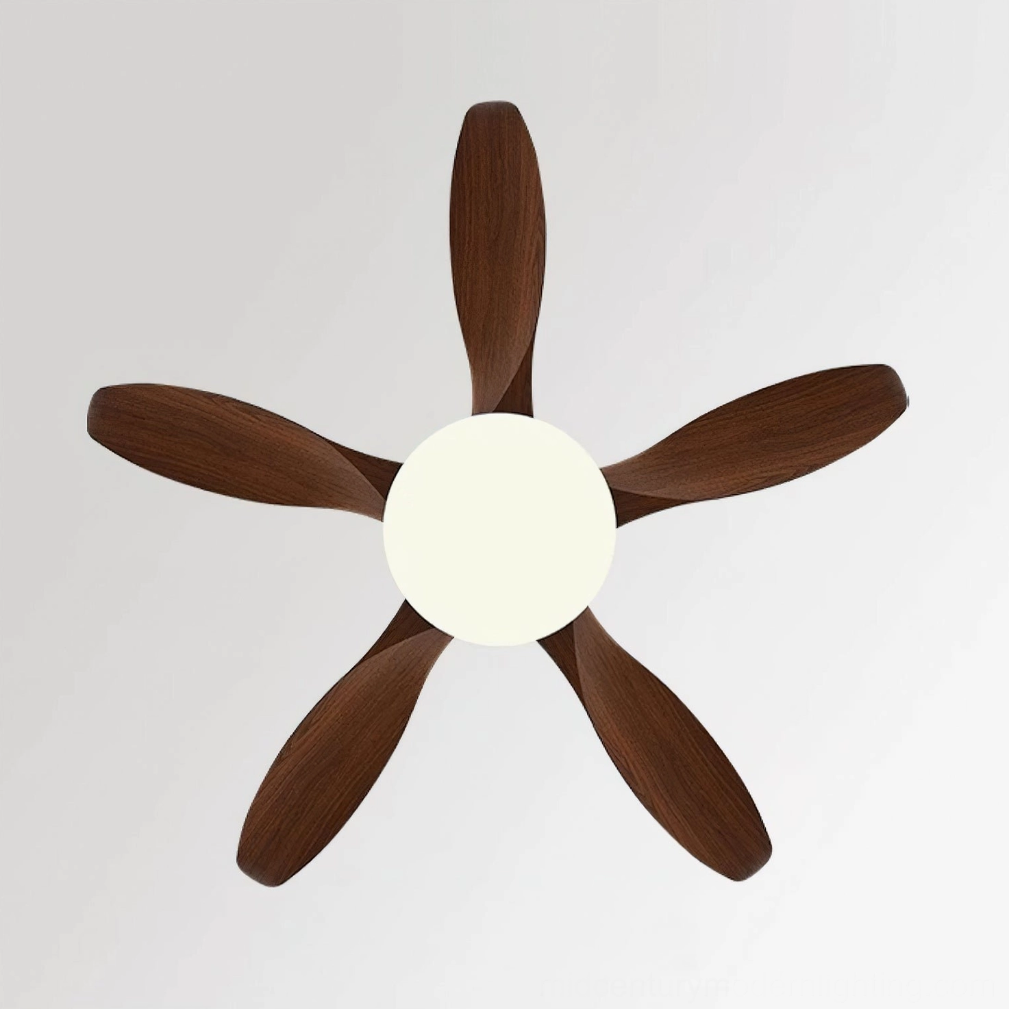 Modern DC motor ceiling fan with integrated three-color changing LED light and remote control, detail view