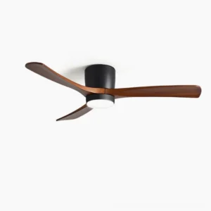 Modern DC ceiling fan light with integrated LED - flush mount design featuring sculptural sycamore wood blades in walnut finish with matte black metal canopy