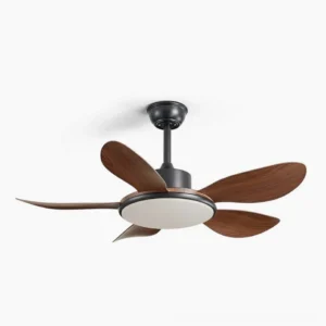Organic modern ceiling fan light with integrated LED - front studio view showing black metal mount and wooden fan blades