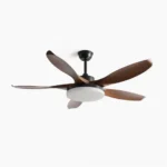 Modern ceiling fan light with five walnut blades and matte black ceiling mount, front view on white background