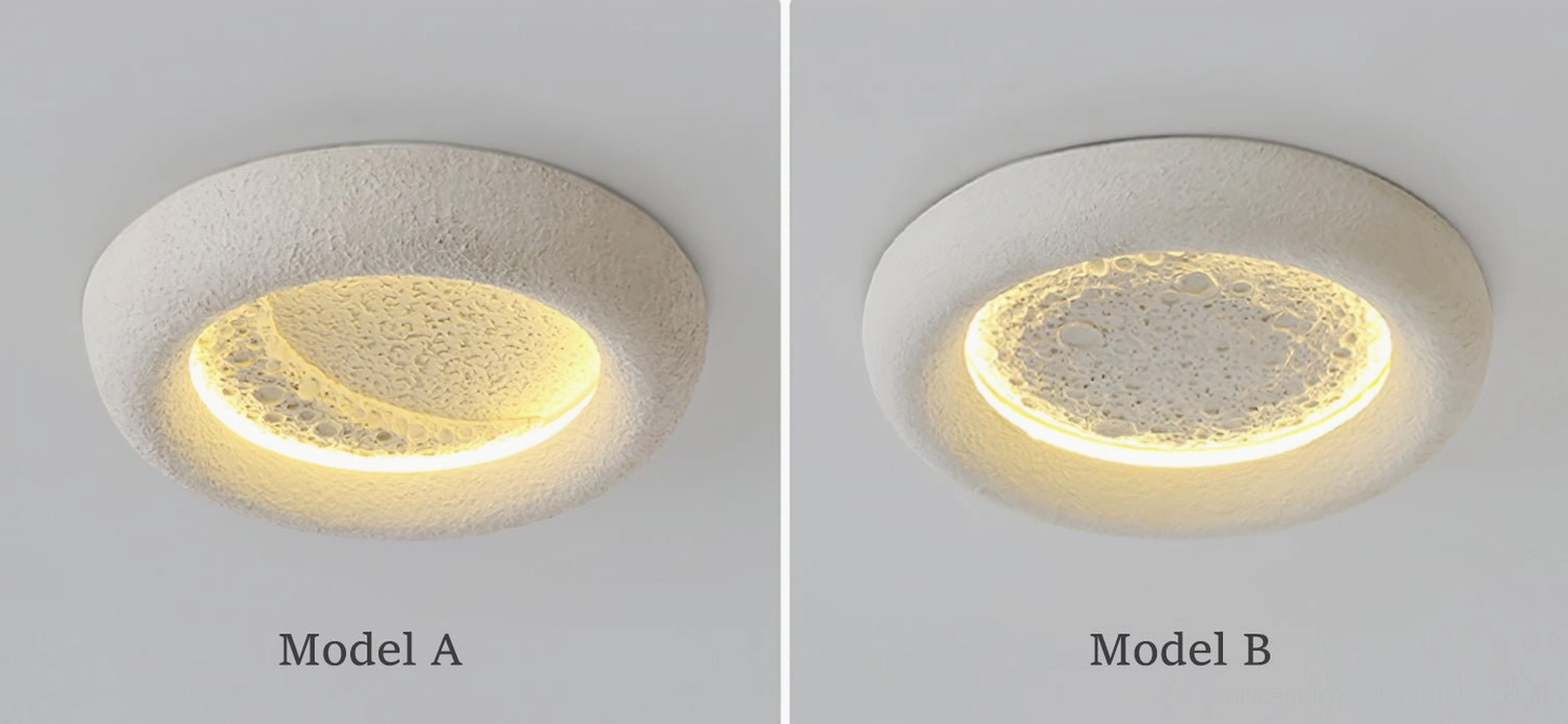 Modern ceiling lamp with moon crater surface mounted flush against white ceiling in contemporary home