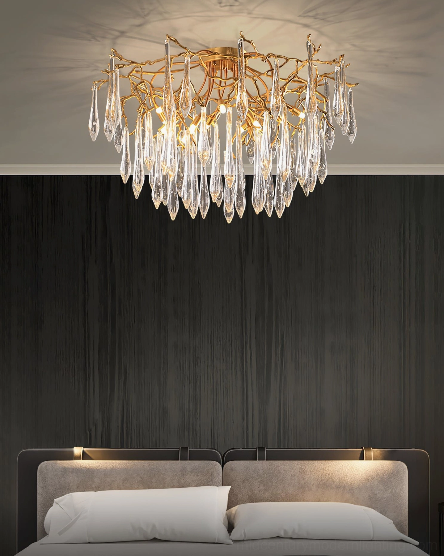 Modern ceiling pendant lamp with hand-formed glass teardrop elements, architectural detail