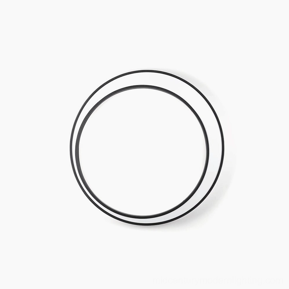 Modern circular LED outdoor wall lamp overhead flat lay view showing minimalist dual ring design with black stainless steel frame