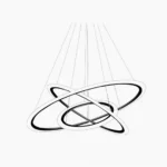 Modern three-tier circular ring LED chandelier with geometric concentric aluminum rings in minimalist black finish on white background