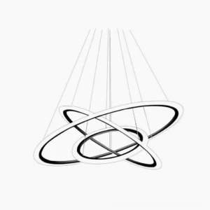 Modern three-tier circular ring LED chandelier with geometric concentric aluminum rings in minimalist black finish on white background