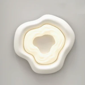 Cloud-shaped ceiling lamp with organic wavy petal design, integrated LED warm glow, modern minimalist lighting fixture frontal close-up