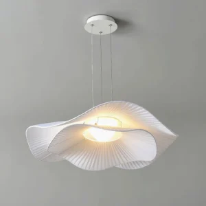 Modern pleated cloud pendant lamp three-quarter front view showing layered fabric texture