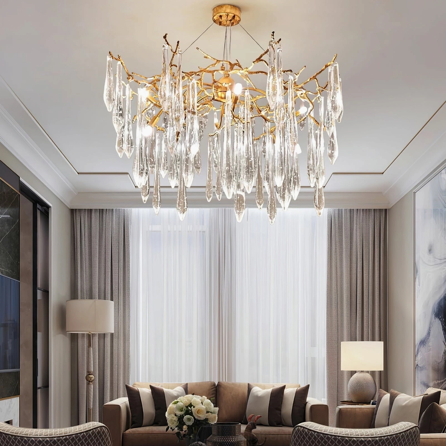 Modern crystal branch chandelier formal living room wide spread gold arms bright ambient lighting