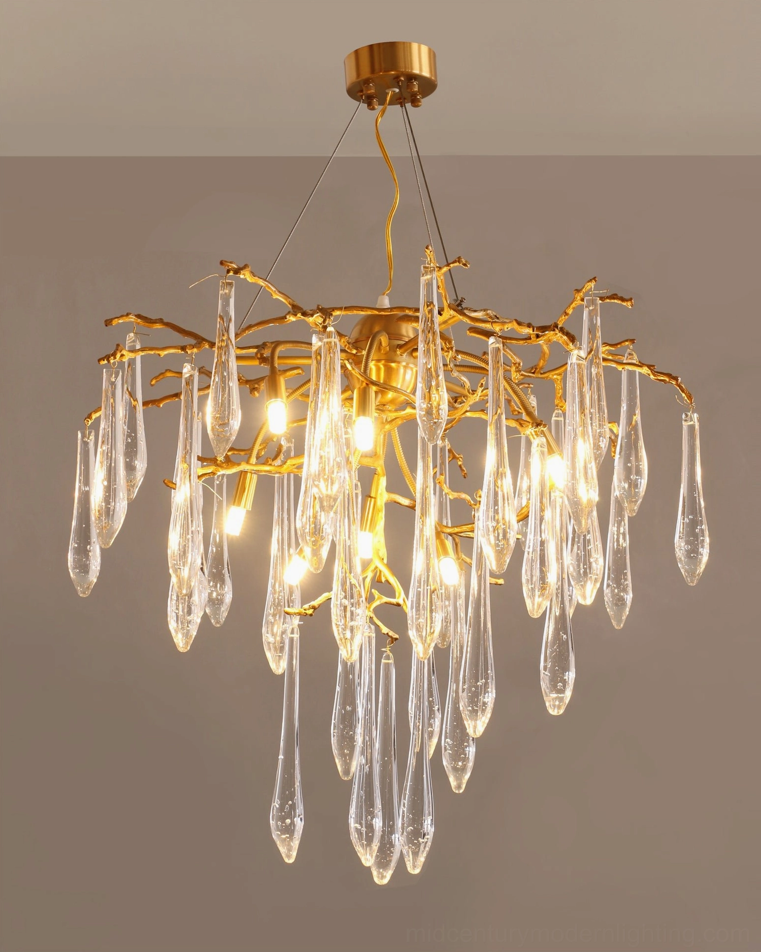 Modern crystal branch pendant lamp detail view brass framework light refraction sparkle