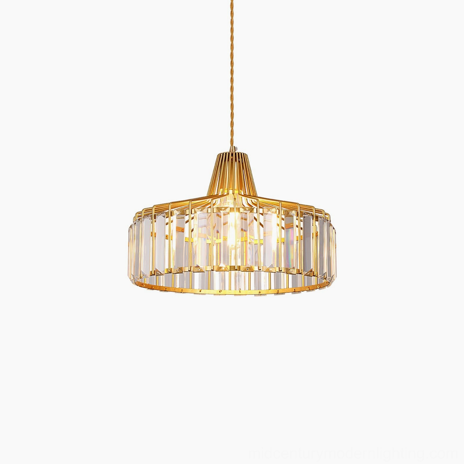 Modern crystal cage pendant light complete product showcase in professional studio setting