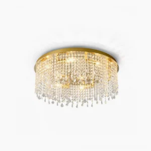 Titanium gold crystal flush mount ceiling lamp with cascading clear crystal drops and polished metal frame, front studio view