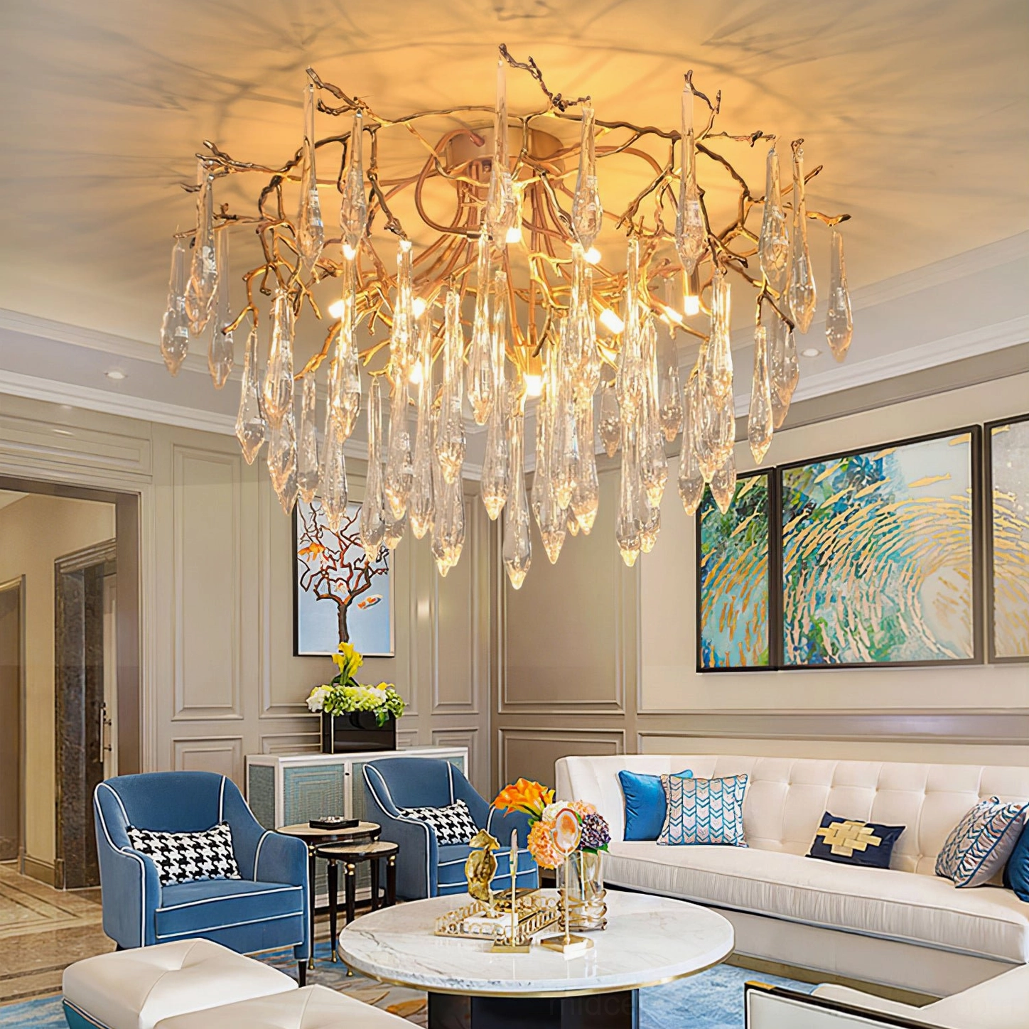 Modern teardrop crystal ceiling light, warm Edison bulb illumination effect