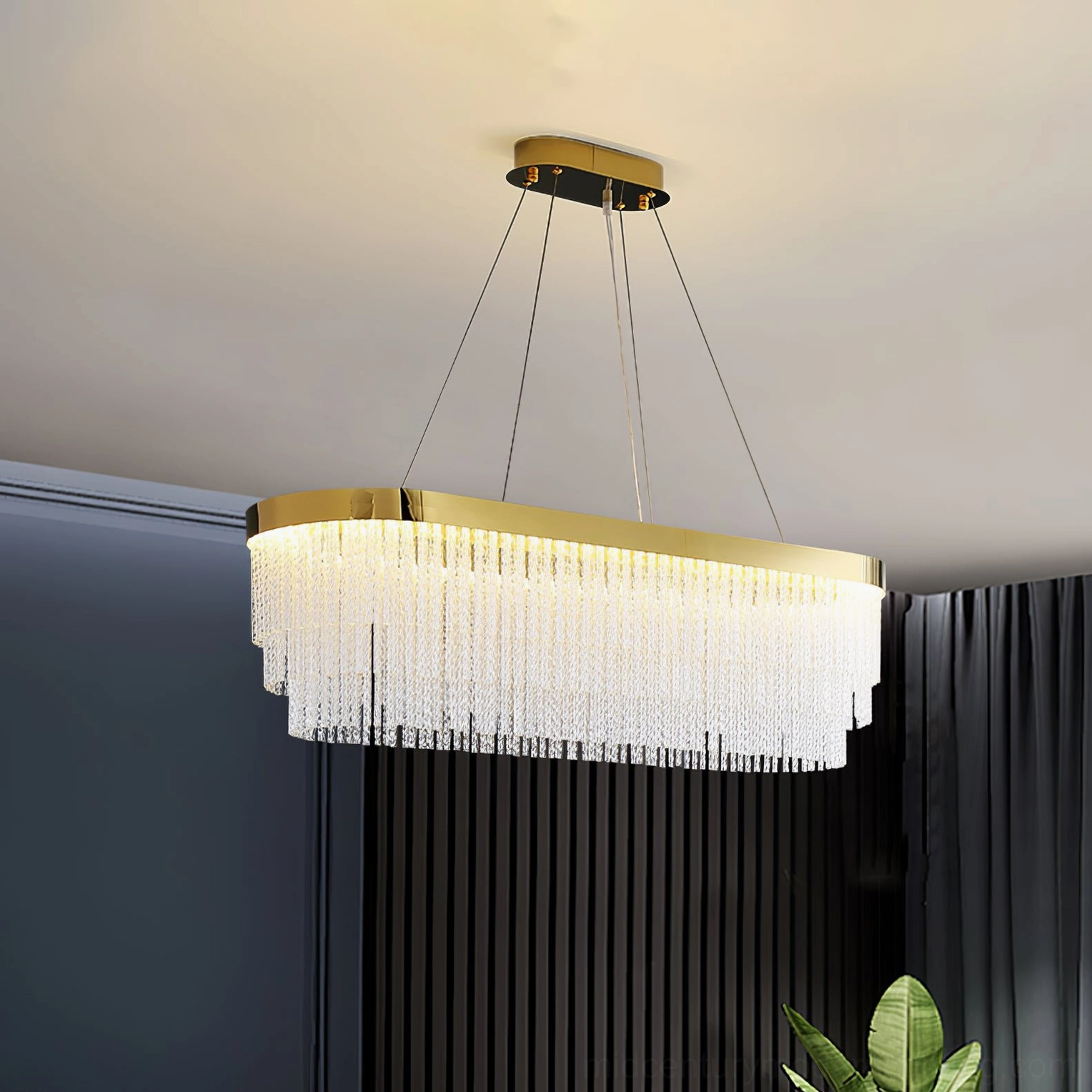 Modern crystal chandelier with gold brass construction and integrated LED light source