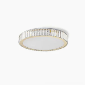 Modern round crystal flush mount ceiling light with gold stainless steel frame, studio close-up view