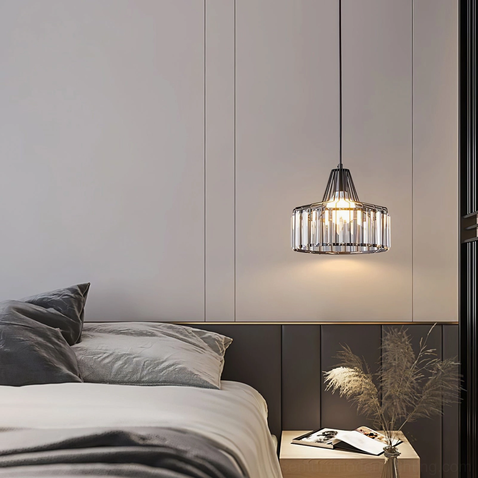 Contemporary minimalist crystal pendant lamp with geometric metal frame and diamond-cut crystal accents