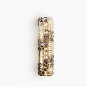Icycle modern crystal wall sconce with hand-cast clear crystal and grey stainless steel frame, frontal view on white background