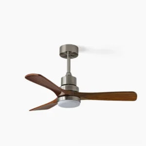 Modern DC ceiling fan light with brushed nickel finish and walnut wood blades, integrated LED light source, studio product view