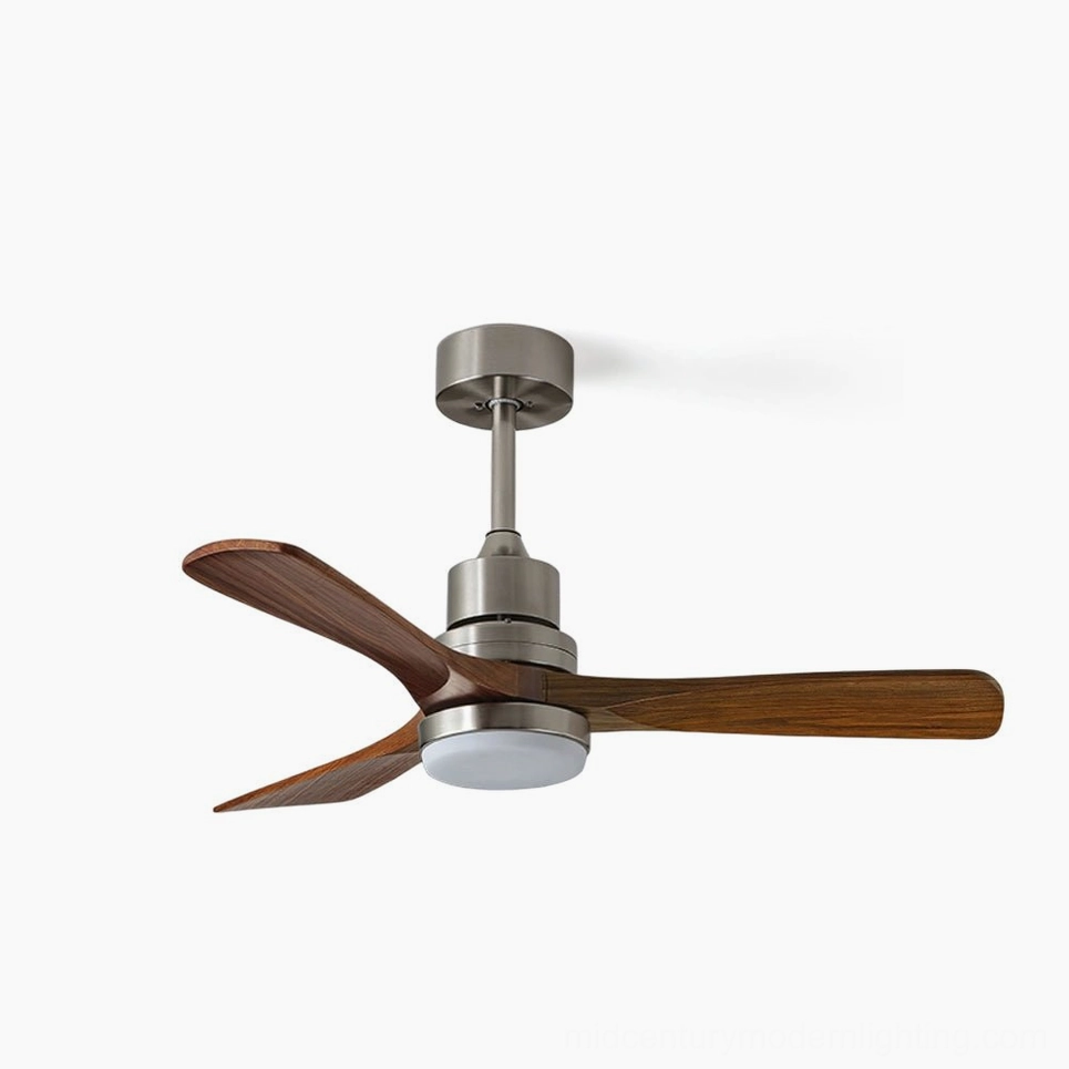 Modern DC ceiling fan light with brushed nickel finish and walnut wood blades, integrated LED light source, studio product view