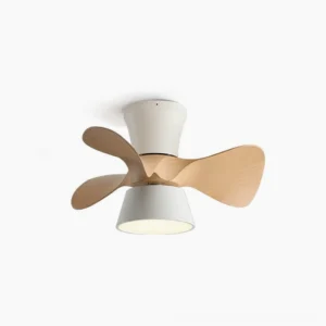 Modern DC ceiling fan light with wood grain blades and white metal base on neutral background, showcasing Nordic minimalist design