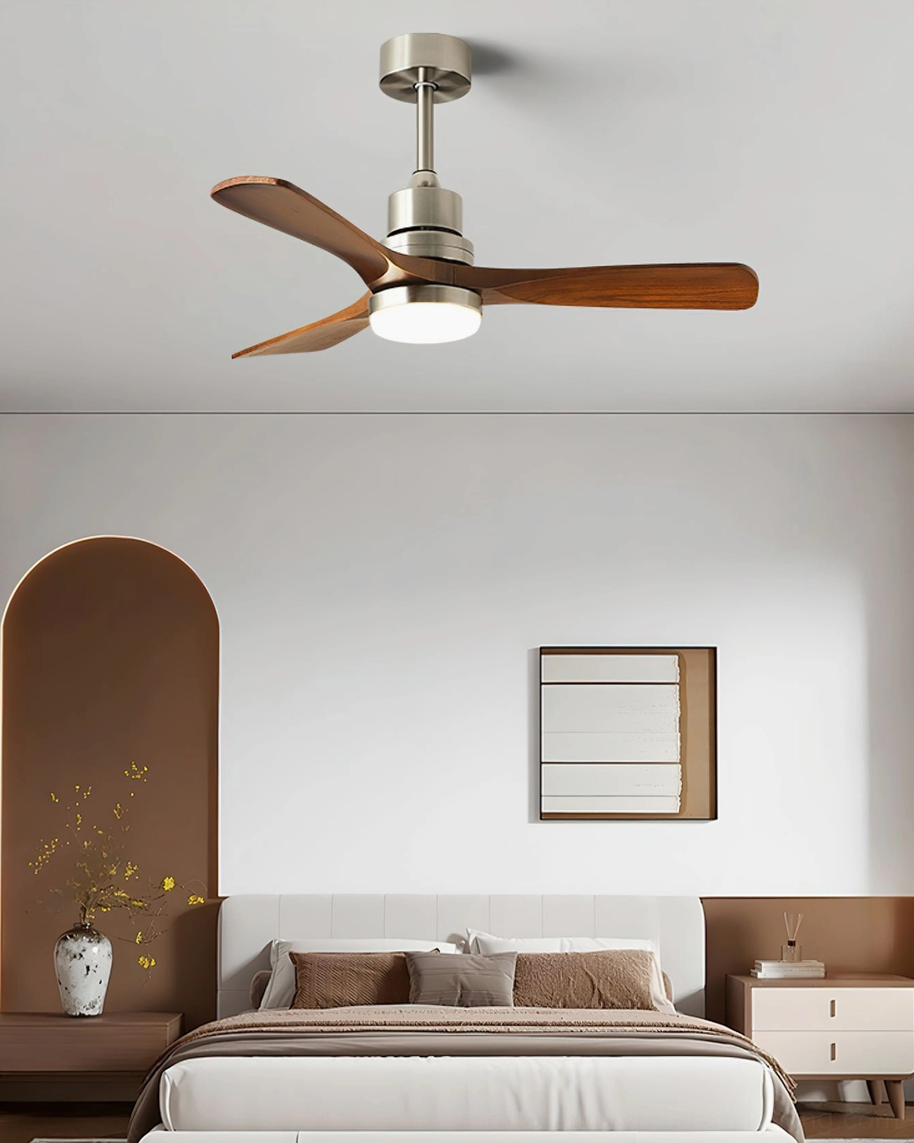 Modern DC motor ceiling fan light in minimalist bedroom with arched accent wall and platform bed, contemporary ambient lighting