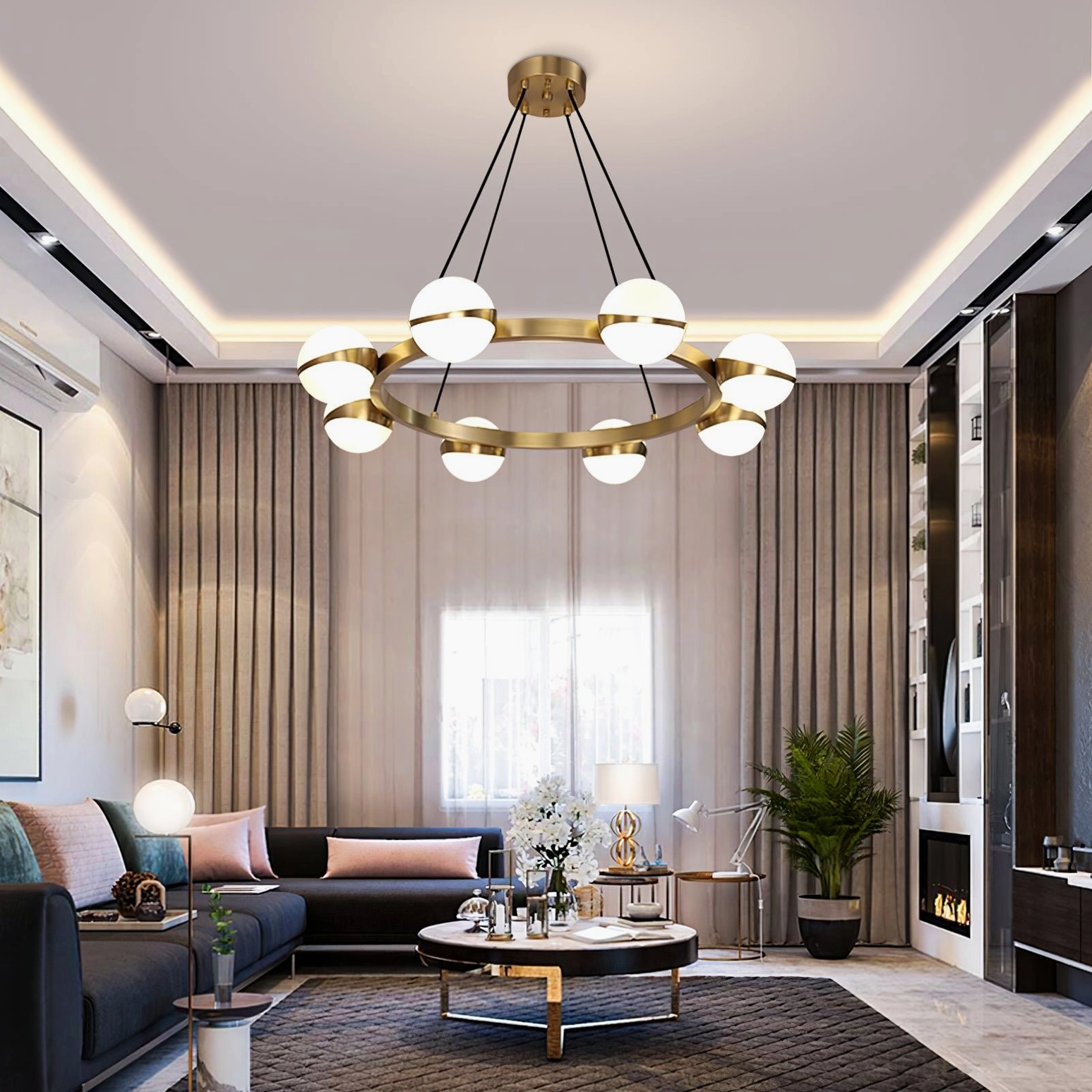 Modern dining pendant chandelier, brass and frosted glass, Grand Lustre collection luxury room setting