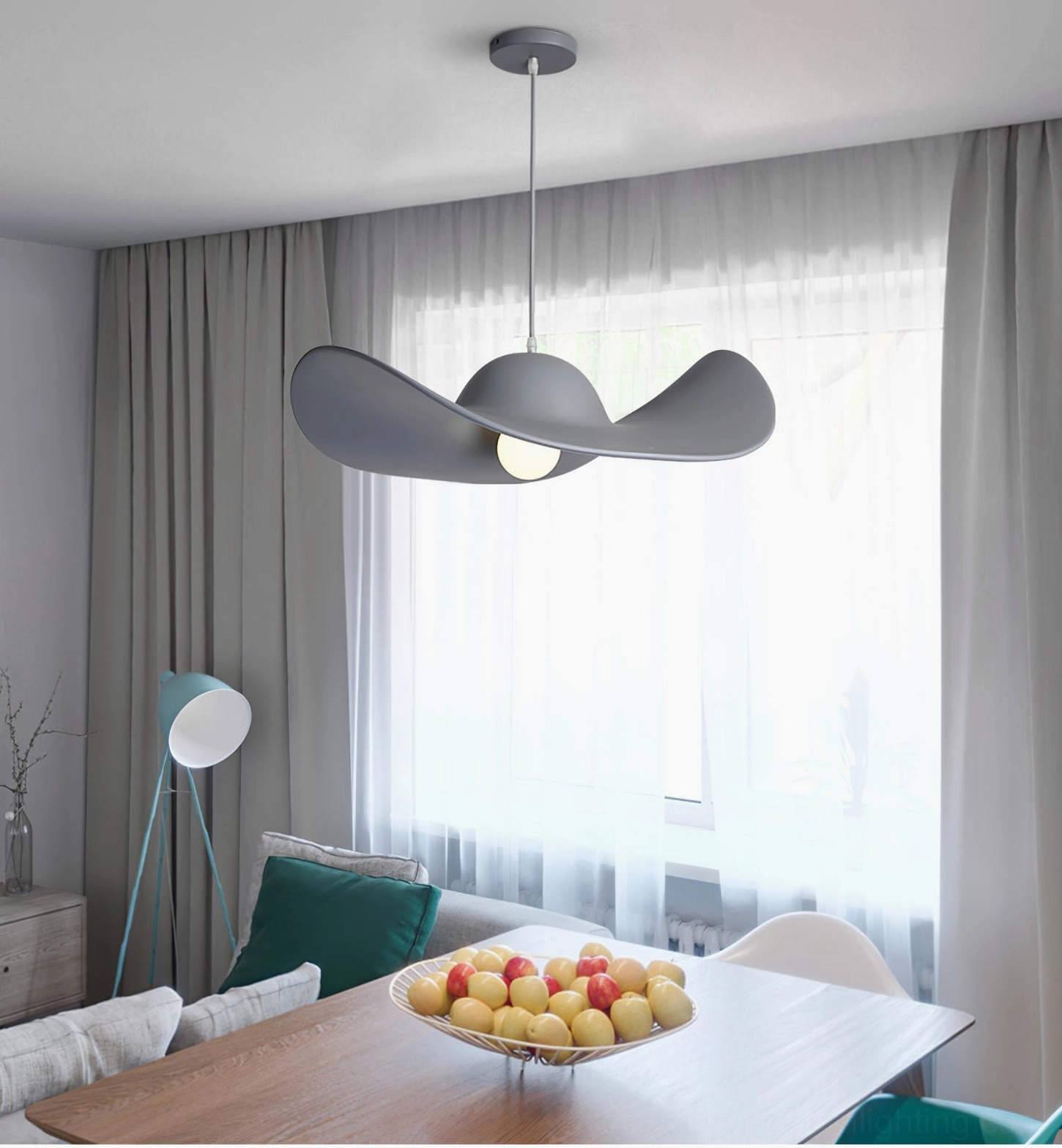 Modern dining room pendant with hat-inspired design in neutral color palette