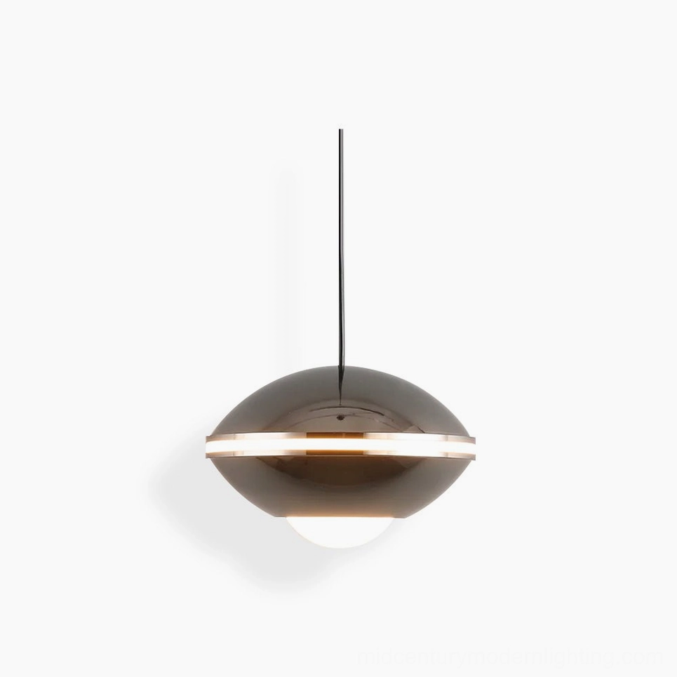 Minimalist disc pendant lamp overhead view, dark metallic modern saucer shade, studio lighting