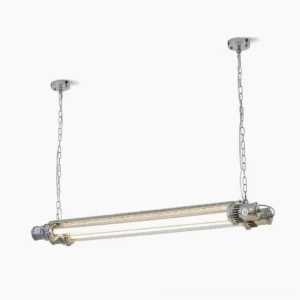 Modern double tube silver LED chandelier front view studio shot, industrial minimalist pendant light design
