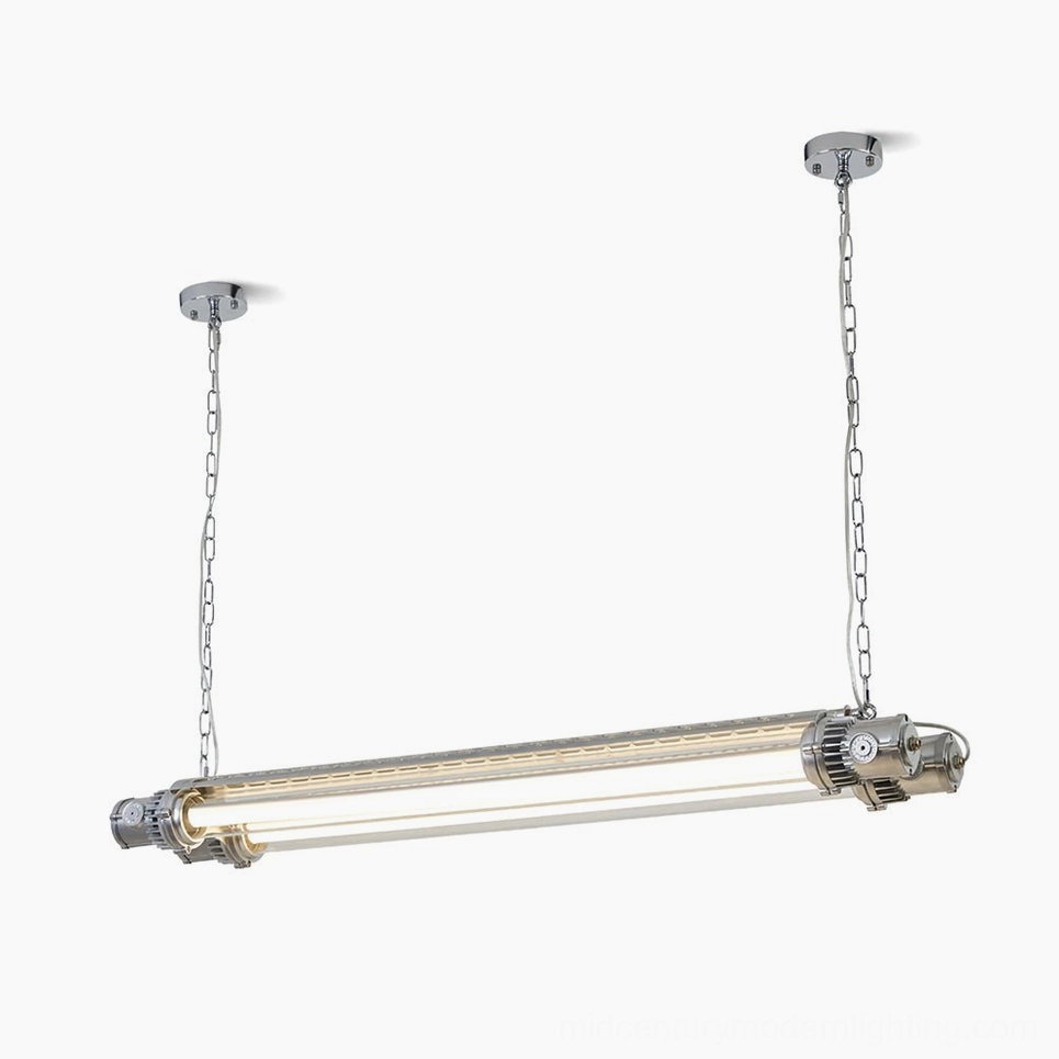 Modern double tube silver LED chandelier front view studio shot, industrial minimalist pendant light design