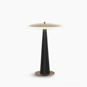 Drums disc table lamp with matte black pole and polished gold base, studio front view