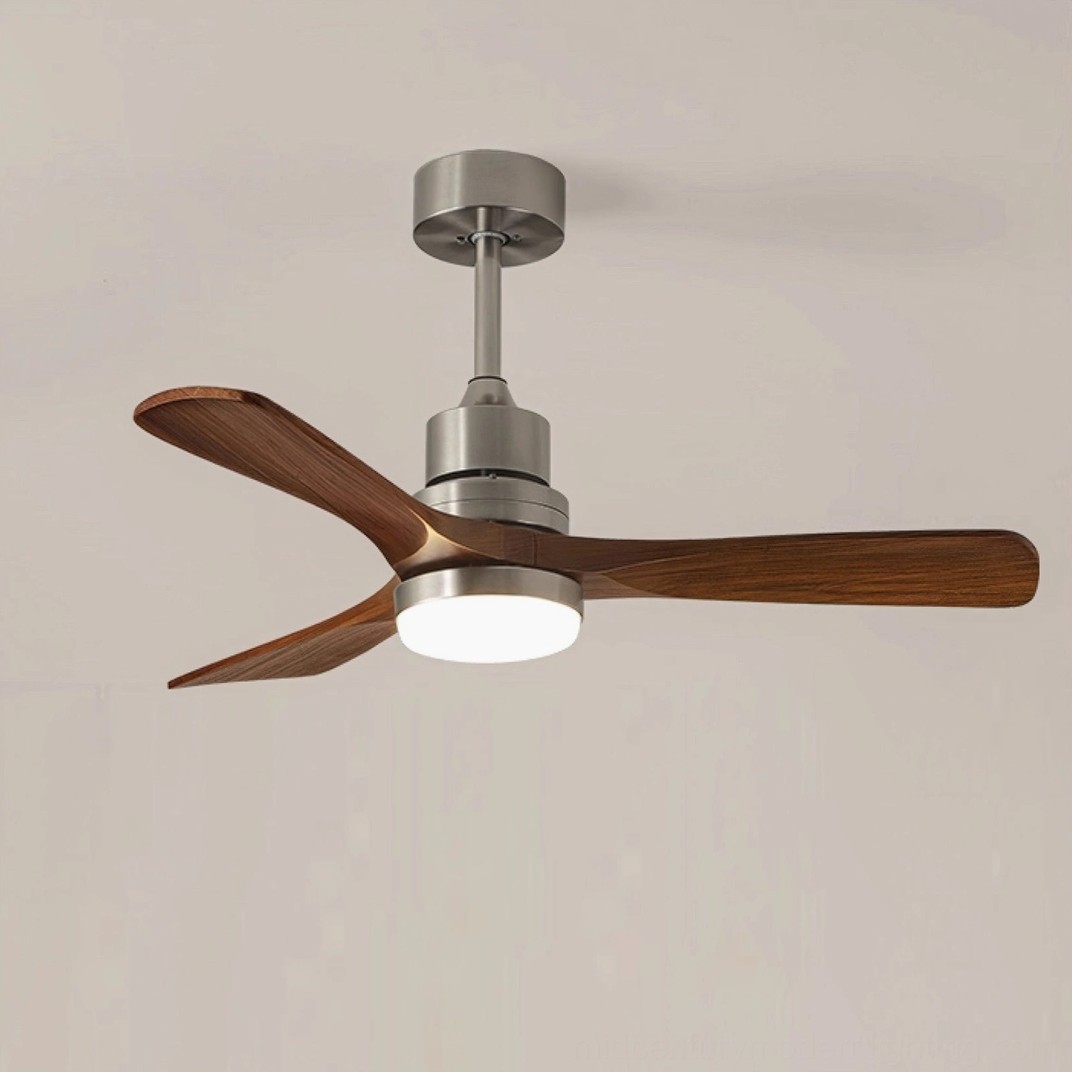 Modern fan light fixture showing brushed nickel finish details, LED light source, and remote control operation features