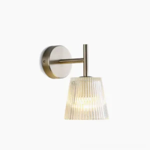 Minimalist geometric glass wall lamp with brushed nickel finish on white background, modern lighting design