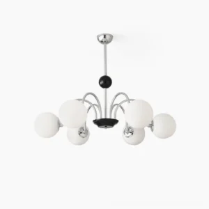 Modern multi-globe chandelier with frosted white glass shades and silver-black metal frame, front view on white background