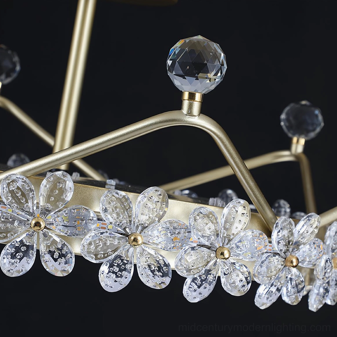 Modern gold ceiling light with crystal petal design, artistic architectural lighting solution for residential spaces
