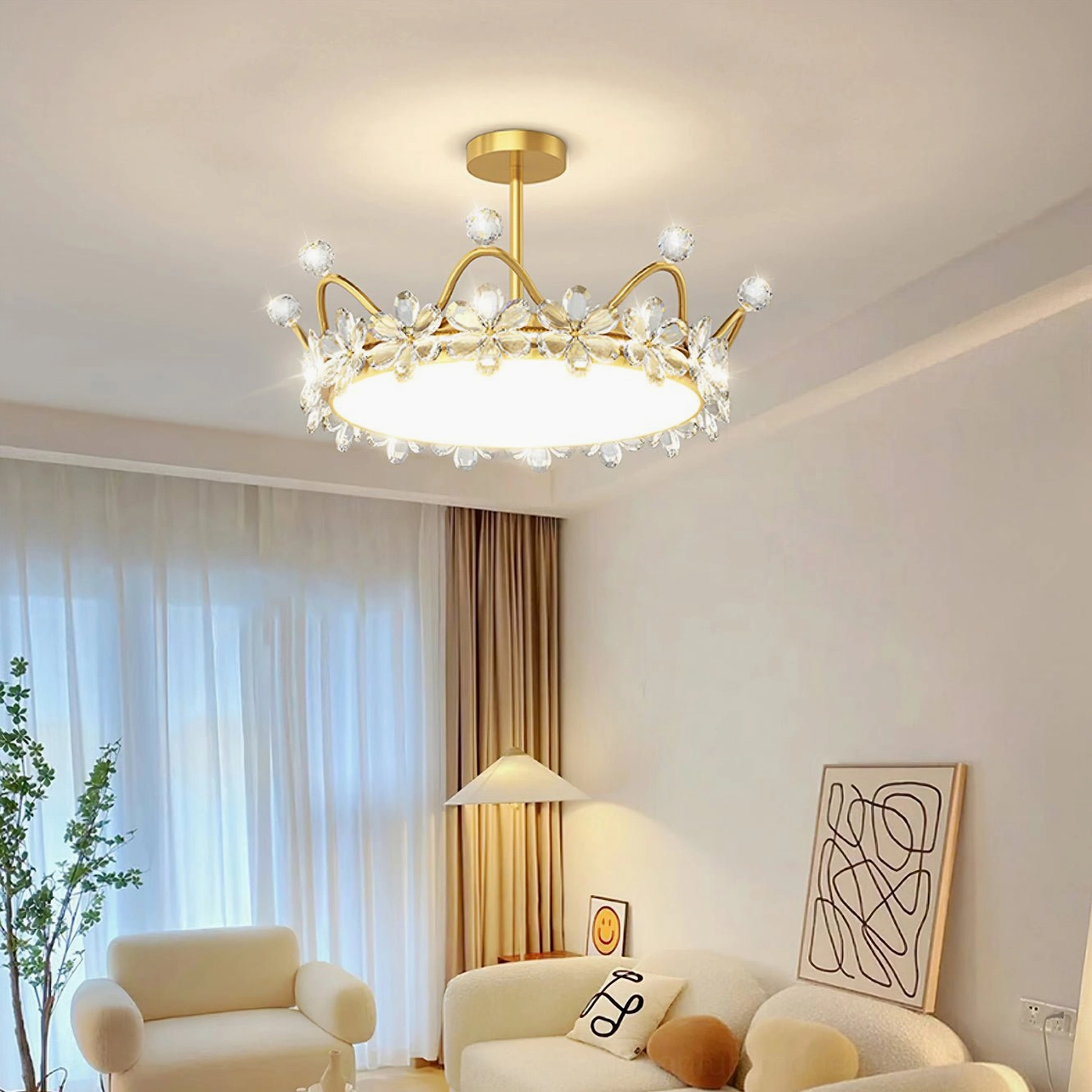 Gold petal crown ceiling fixture installed in modern living room, overhead view with warm light diffusion in neutral beige interior