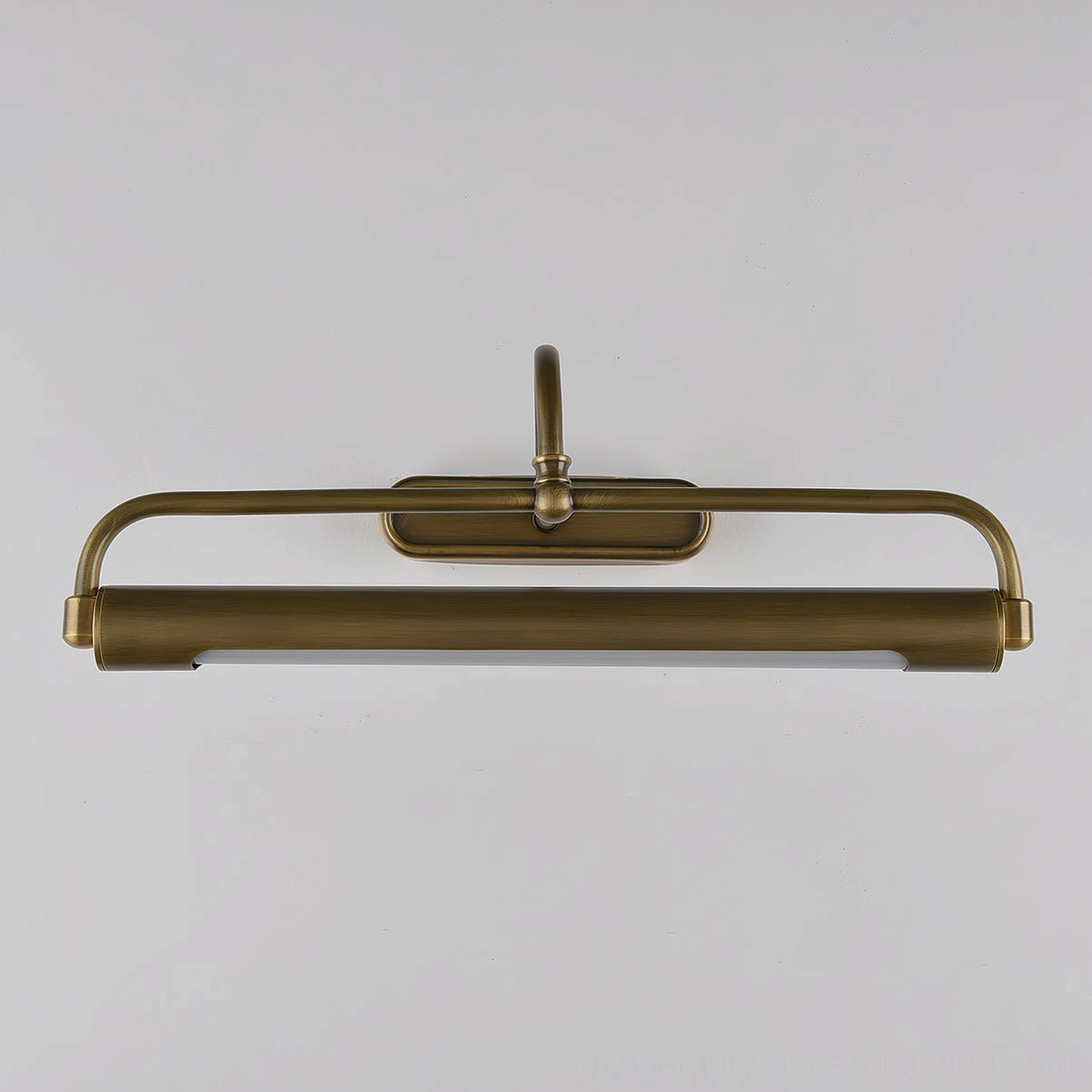 Modern gooseneck wall sconce mounted on interior wall, integrated warm LED illumination