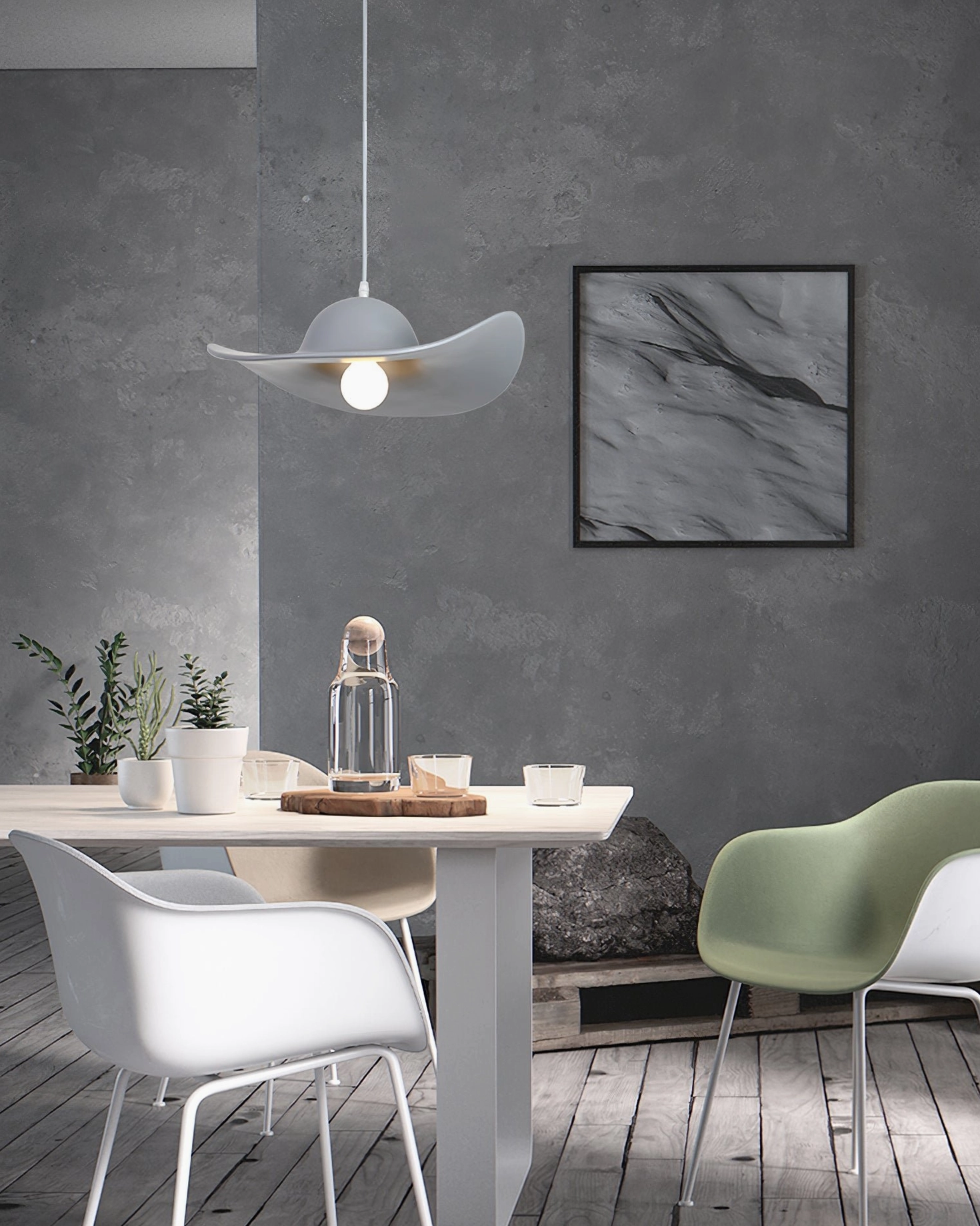Modern pendant light with hat brim design in white finish for minimalist interiors