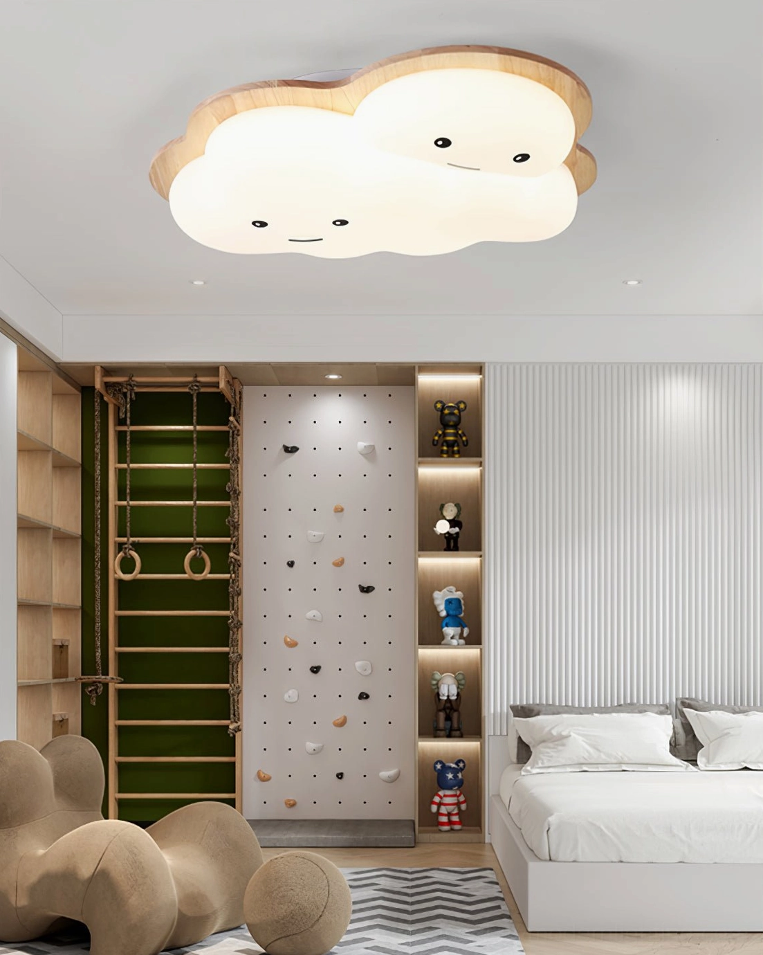 Smiling cloud ceiling lamp installed in modern Nordic kids bedroom with climbing wall and warm ambient lighting