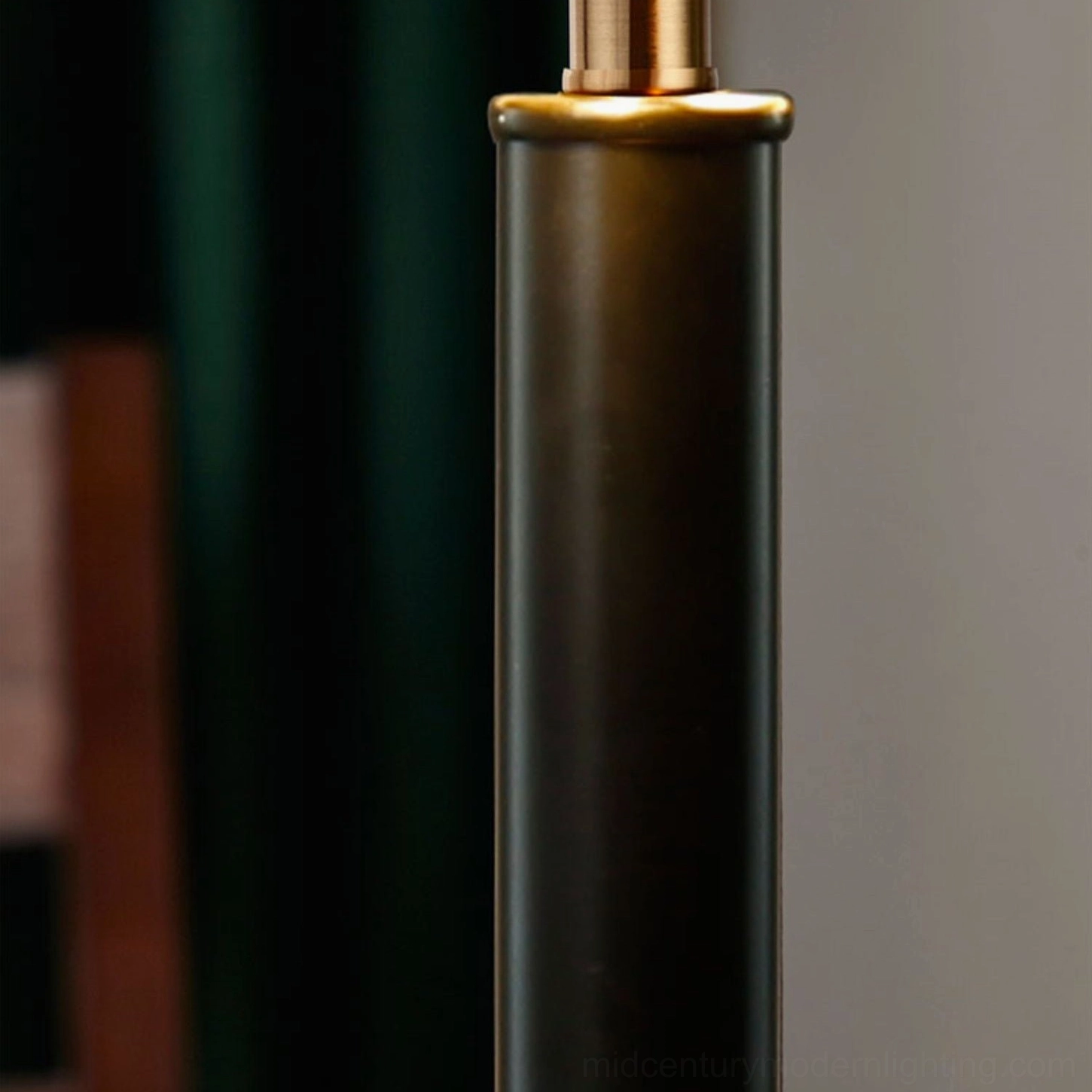 Black metal rod and brushed brass hardware close-up detail, modern lamp construction