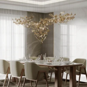 Fluttering leaves pendant chandelier installed above wooden dining table in luxury dining room