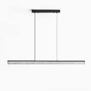 Modern linear LED pendant chandelier with rippled glass diffuser and matte black brass frame, frontal studio view