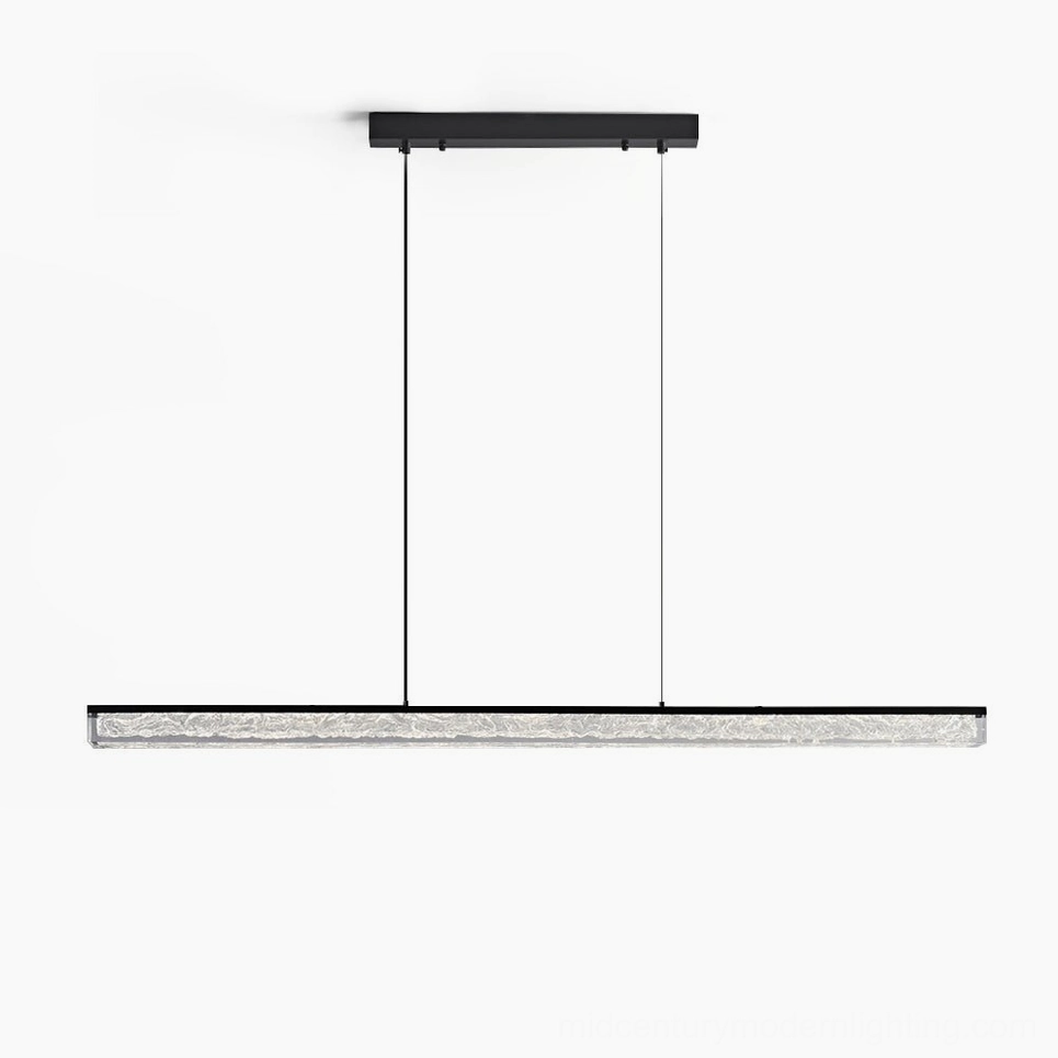 Modern linear LED pendant chandelier with rippled glass diffuser and matte black brass frame, frontal studio view