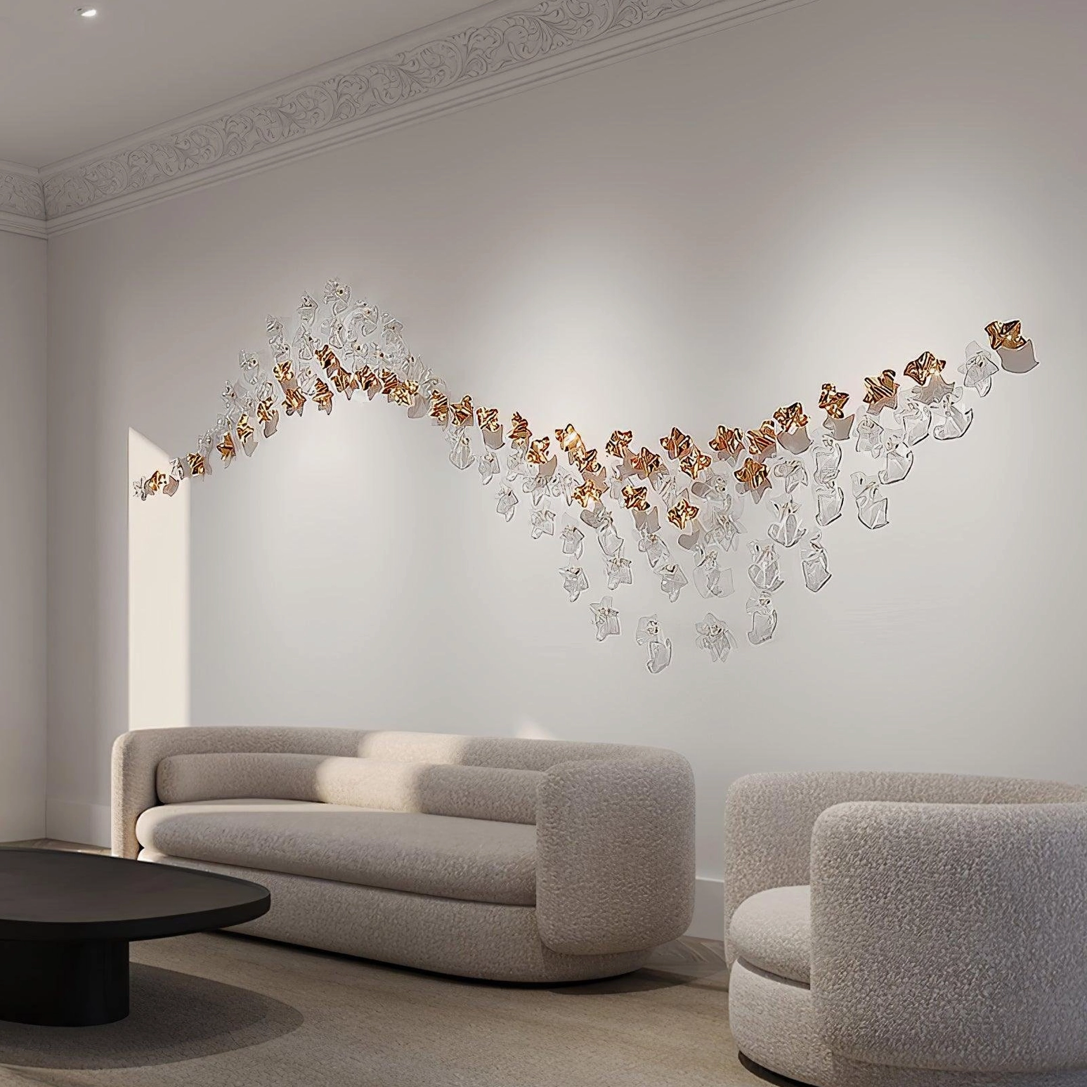 Wall mounted modern fluid chandelier minimalist lounge with fabric sofas mixed clear golden glass